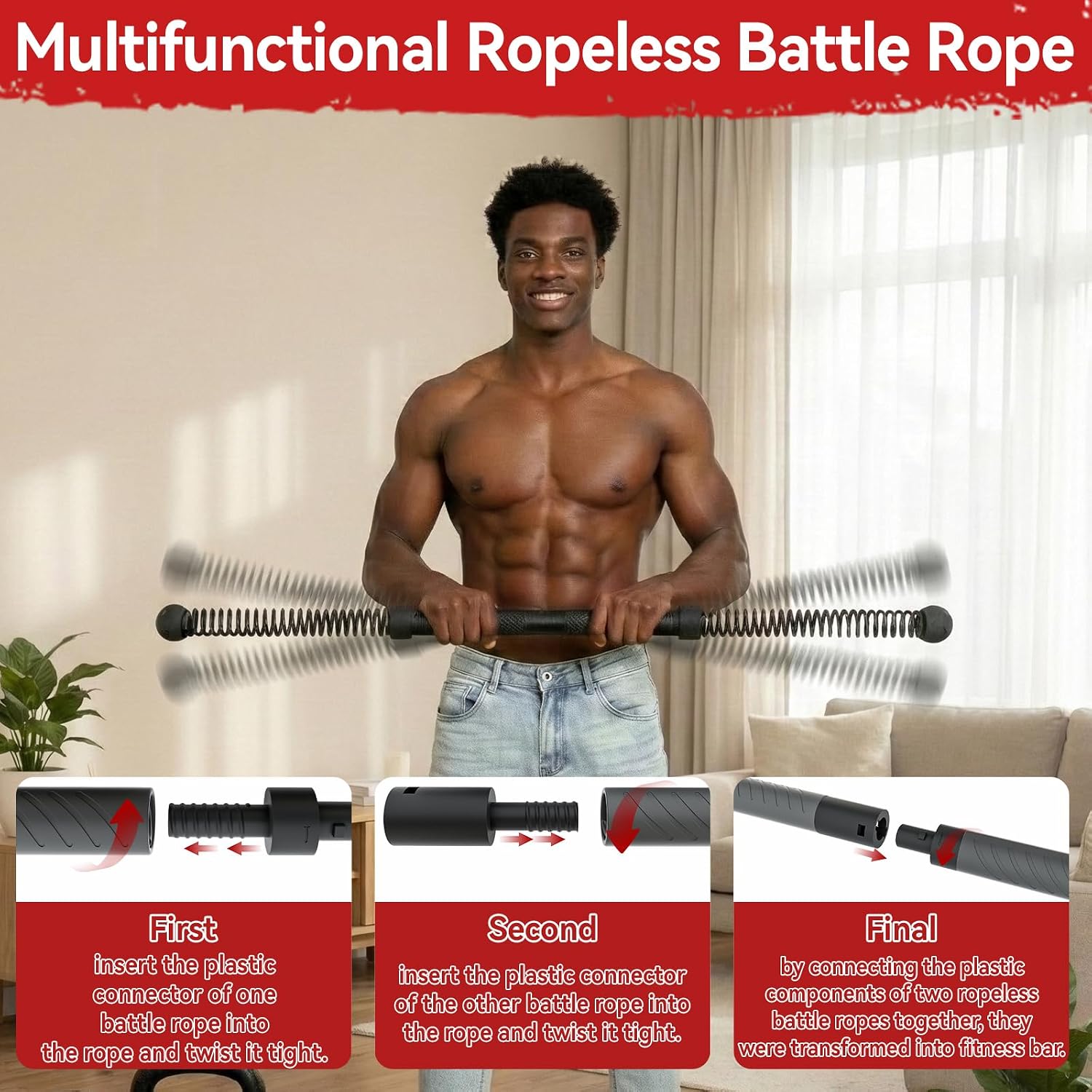 Home Gym Resistance - 2-in-1 Upgraded Cordless Battle Rope Power