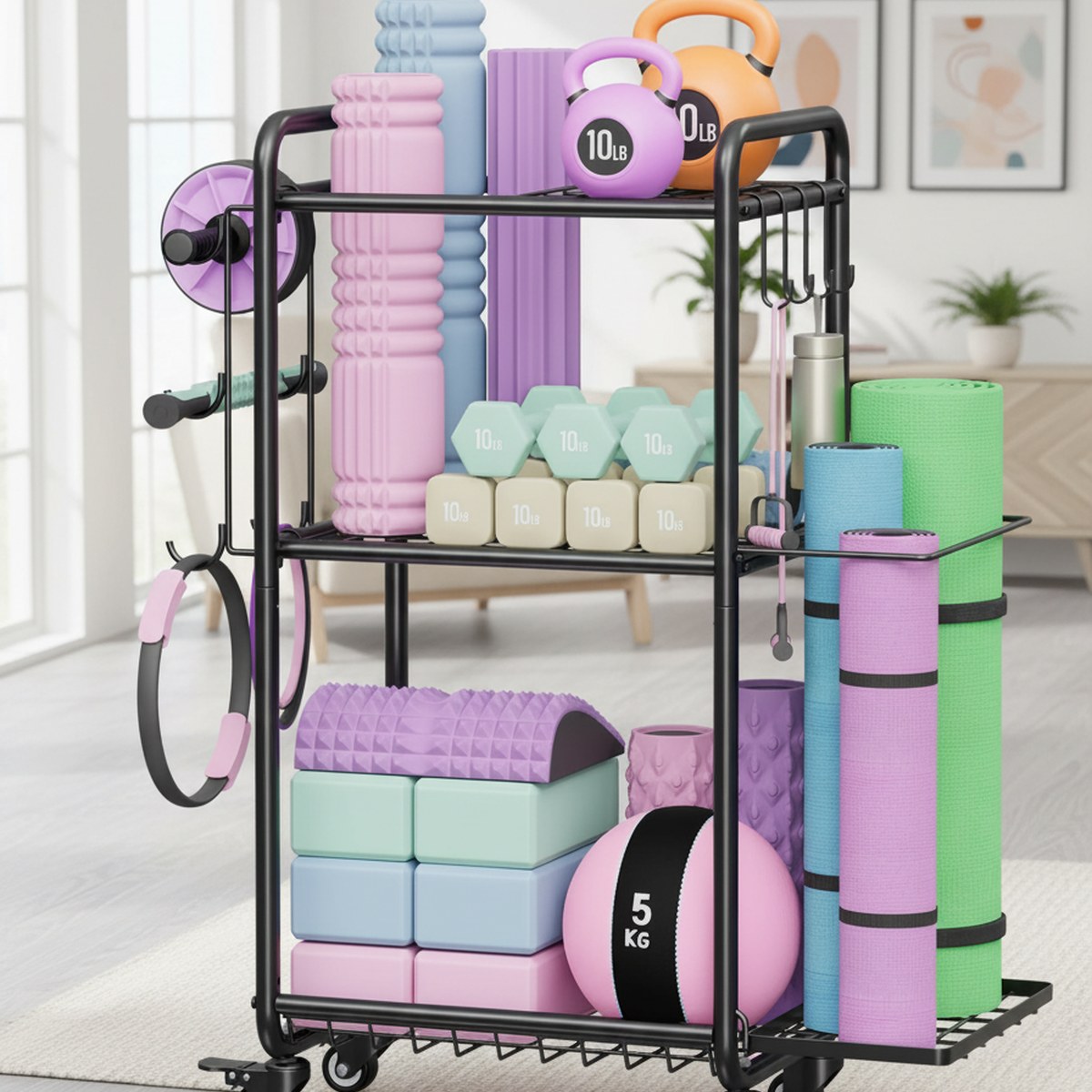 Home Gym Yoga Mat Storage - Home Gym Storage Cart Wheels Hooks
